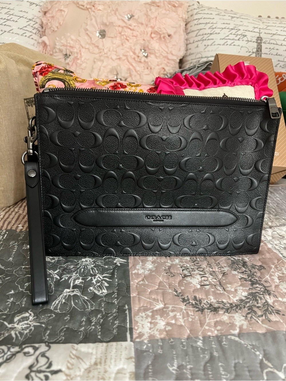 Coach Black Embossed Signature Leather Wristlet